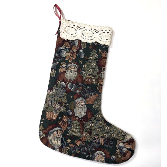 Tapestry Christmas Stocking Santa Claus & Trees Crocheted Edge Forest Green Red - Picture 6 of 9